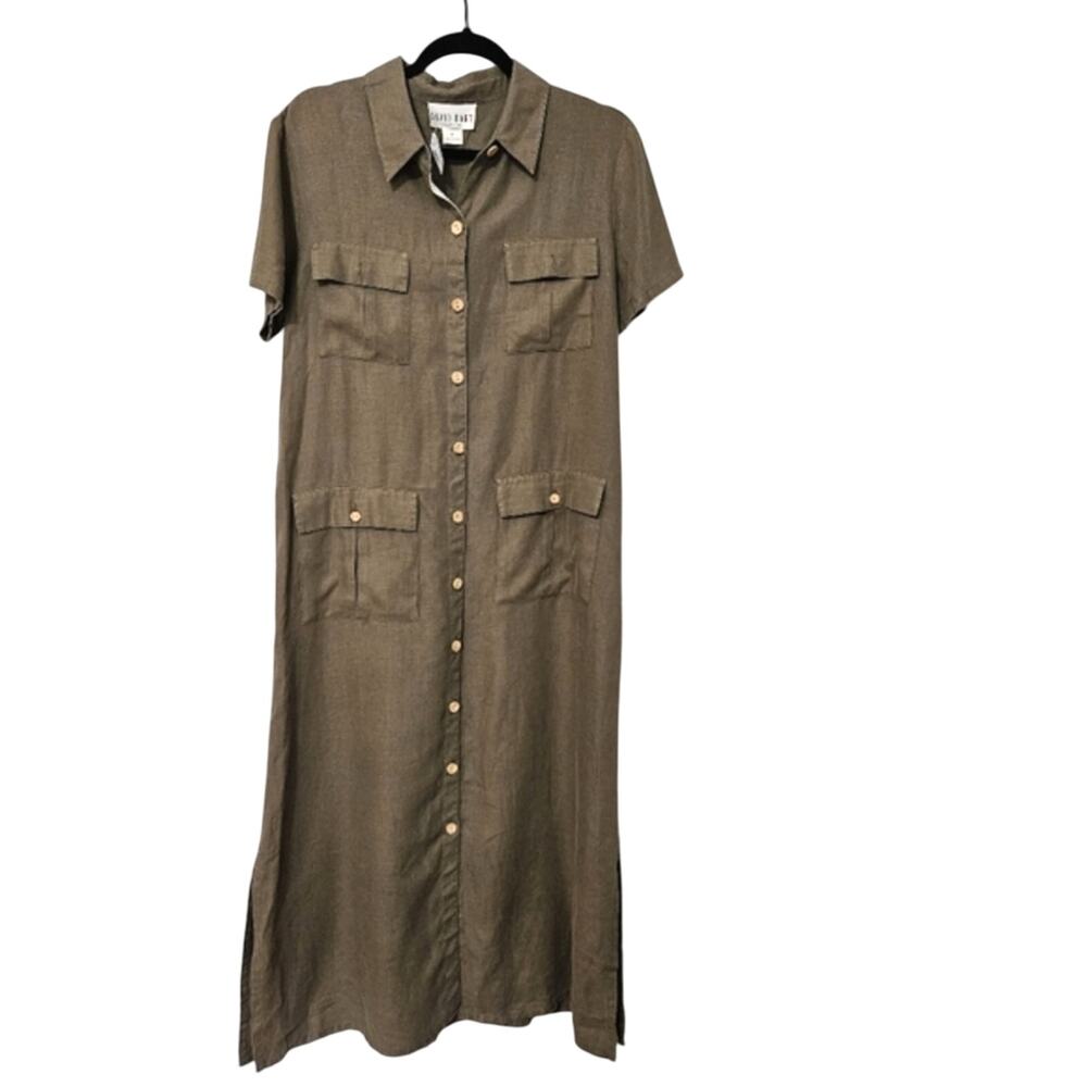 Vintage David Dart Dress Pockets Green Linen Button Front Short Sleeve Maxi M
